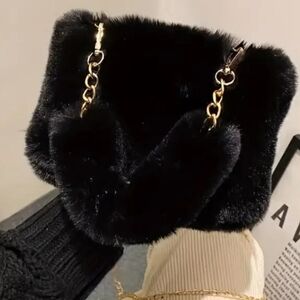 Black Faux Fur Handbag with Gold Chain